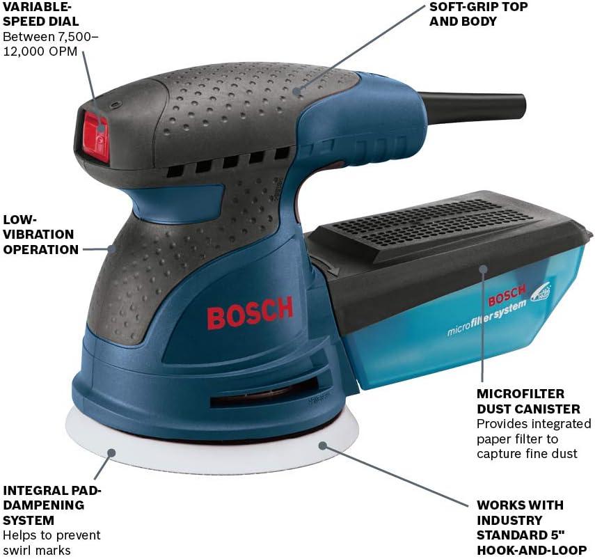 imageBOSCH ROS20VSC Palm Sander 25 Amp 5 Inch Corded Variable Speed Random Orbital Sander Polisher Kit with Dust Collector and Soft Carrying BagSander with Soft Carrying Bag