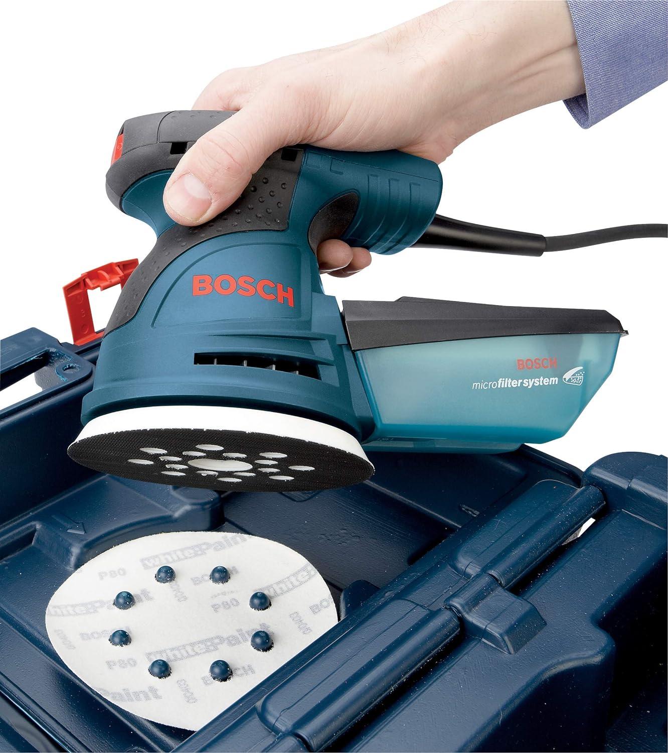 imageBOSCH ROS20VSC Palm Sander 25 Amp 5 Inch Corded Variable Speed Random Orbital Sander Polisher Kit with Dust Collector and Soft Carrying BagSander with Case