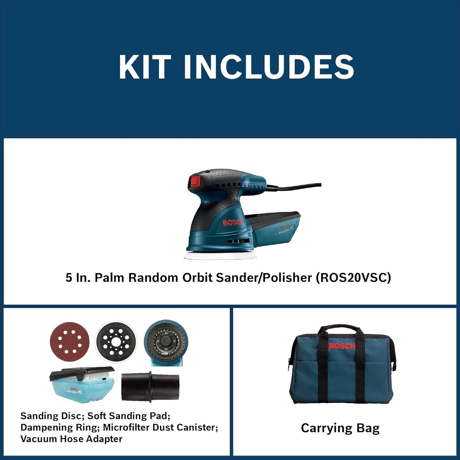 imageBOSCH ROS20VSC Palm Sander 25 Amp 5 Inch Corded Variable Speed Random Orbital Sander Polisher Kit with Dust Collector and Soft Carrying BagSander with Soft Carrying Bag