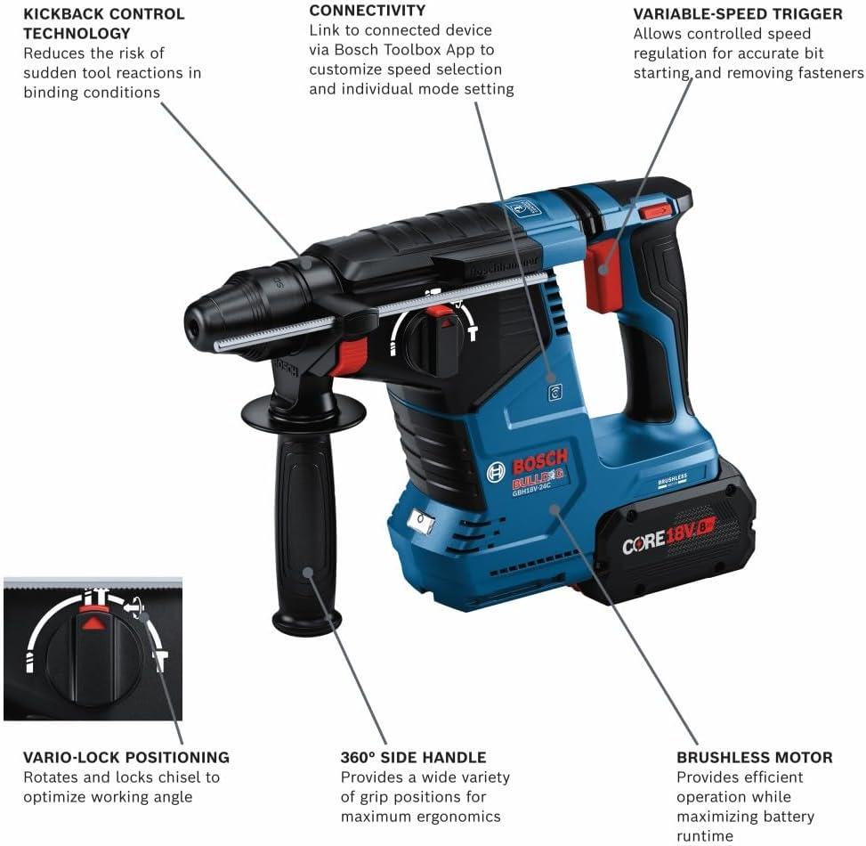 imageBosch GBH18V24CK24 18V Brushless Connected SDSplus Bulldog 1 In Rotary Hammer with 2 CORE18V 8 Ah High Power BatteriesIndustrial