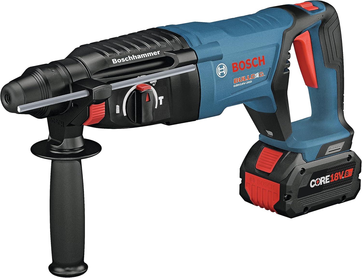 imageBosch GBH18V26DK24 18V EC Brushless SDSplus Bulldog 1 In Rotary Hammer Kit with 2 CORE18V 8 Ah High Power Batteries