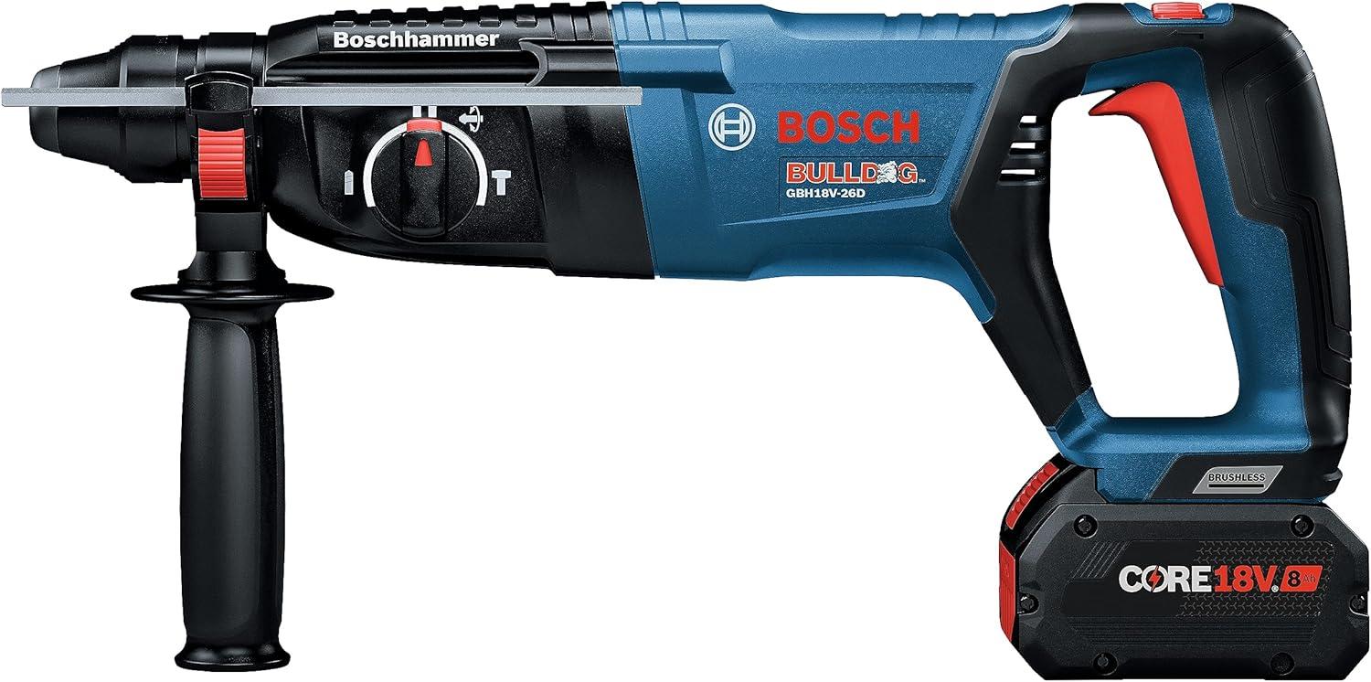 imageBosch GBH18V26DK24 18V EC Brushless SDSplus Bulldog 1 In Rotary Hammer Kit with 2 CORE18V 8 Ah High Power Batteries