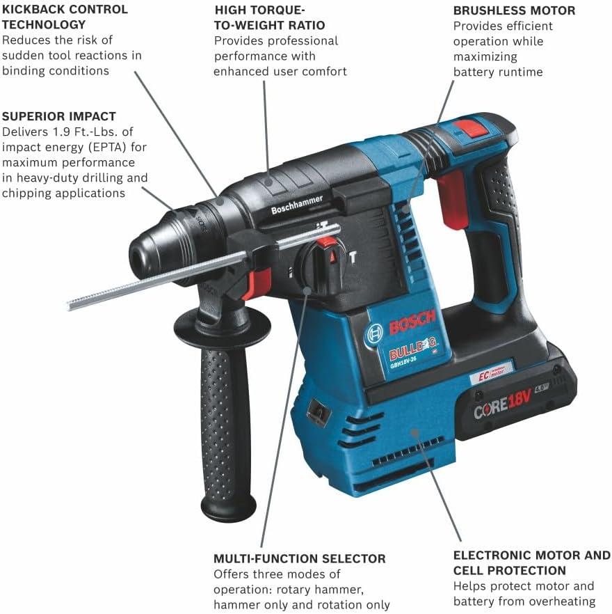 imageBosch GBH18V26K25 18V Brushless SDSplus Bulldog 1 In Rotary Hammer Kit with 2 CORE18V 40 Ah Compact BatteriesKit with 2 40 Ah Compact Batteries