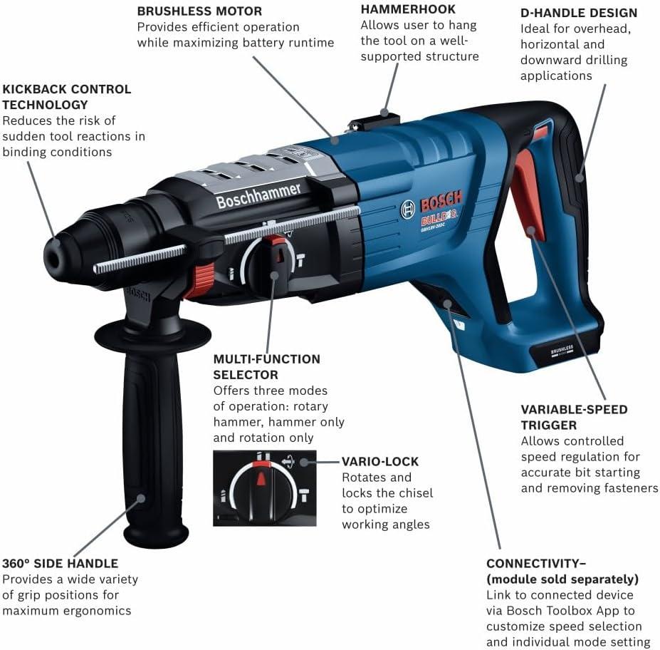 imageBosch GBH18V28DCN 18V Brushless ConnectedReady SDSplus Bulldog 118 In Rotary Hammer Bare ToolTool Only w Dhandle