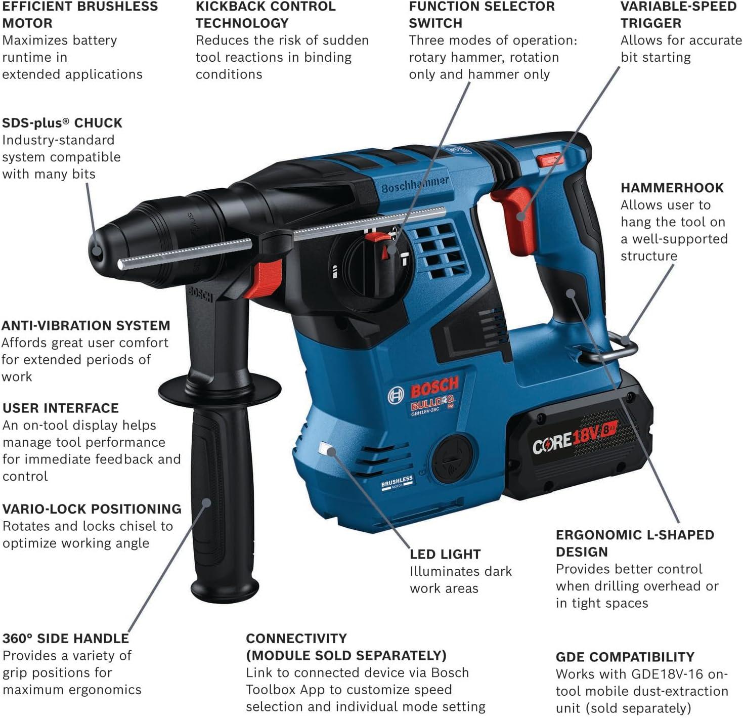 imageBosch GBH18V28DCN 18V Brushless ConnectedReady SDSplus Bulldog 118 In Rotary Hammer Bare Toolw 2 18V 8 Ah Batteries
