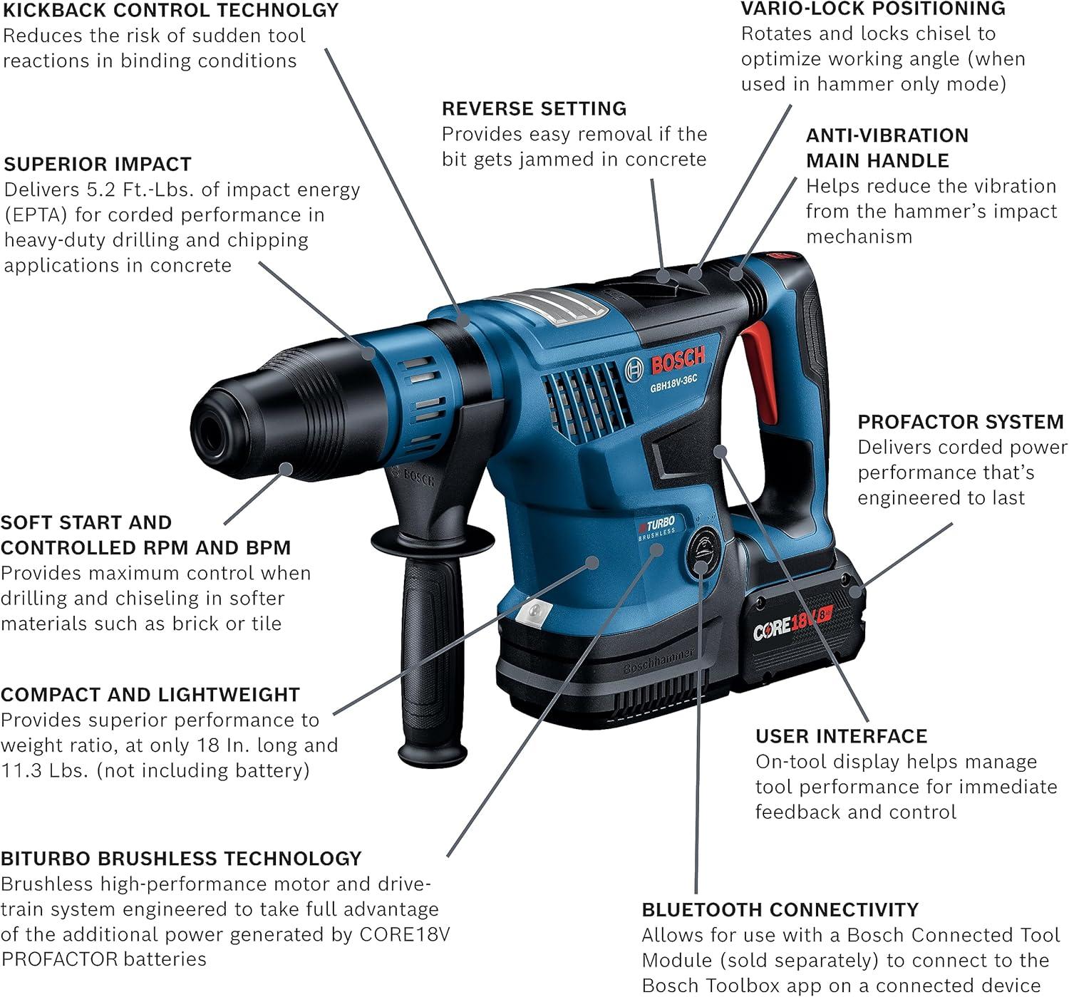 imageBosch GBH18V36CK24 PROFACTOR 18V ConnectedReady SDSmax 1916 In Rotary Hammer Kit with 2 CORE18V 8 Ah High Power BatteriesIndustrial