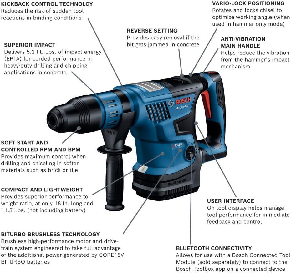 imageBosch GBH18V36CK24 PROFACTOR 18V ConnectedReady SDSmax 1916 In Rotary Hammer Kit with 2 CORE18V 8 Ah High Power BatteriesTool Only