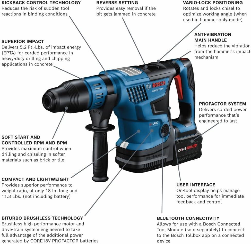 imageBosch GBH18V36CK27 PROFACTOR 18V ConnectedReady SDSmax 1916 In Rotary Hammer with 2 CORE18V 12 Ah High Power Batteries