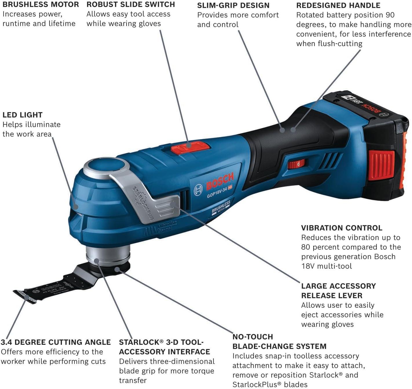 imageBosch GOP18V34N 18V Brushless StarlockPlus Oscillating MultiTool Bare Toolw 18V 2 Ah Battery
