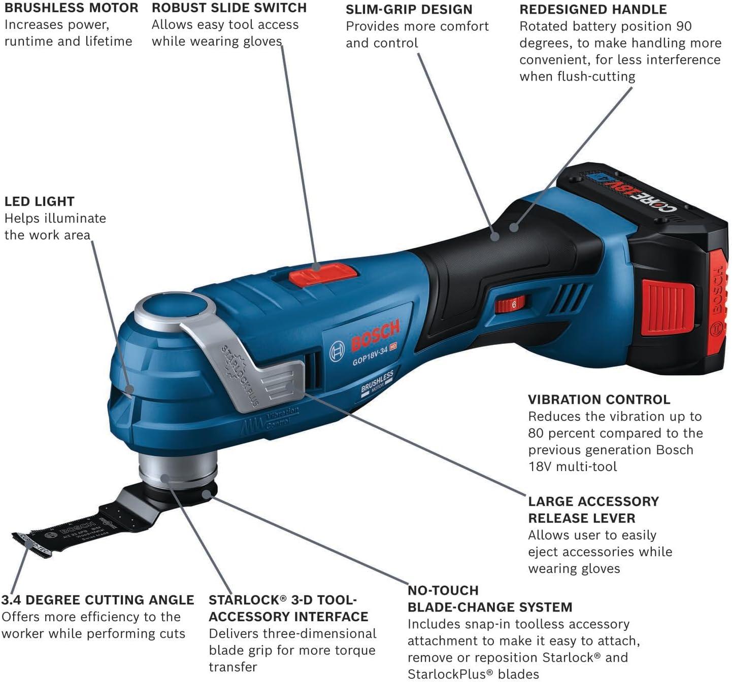 imageBosch GOP18V34N 18V Brushless StarlockPlus Oscillating MultiTool Bare Toolw 18V 4 Ah Battery