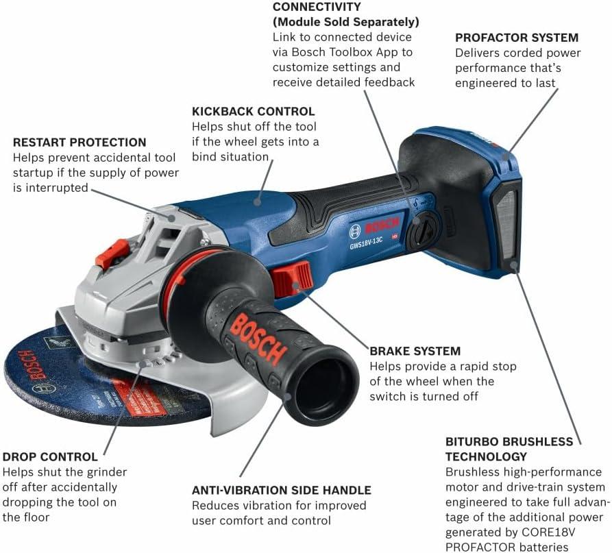 imageBosch GWS18V13CN PROFACTOR 18V ConnectedReady 5 6 In Angle Grinder with Slide Switch Bare Tool