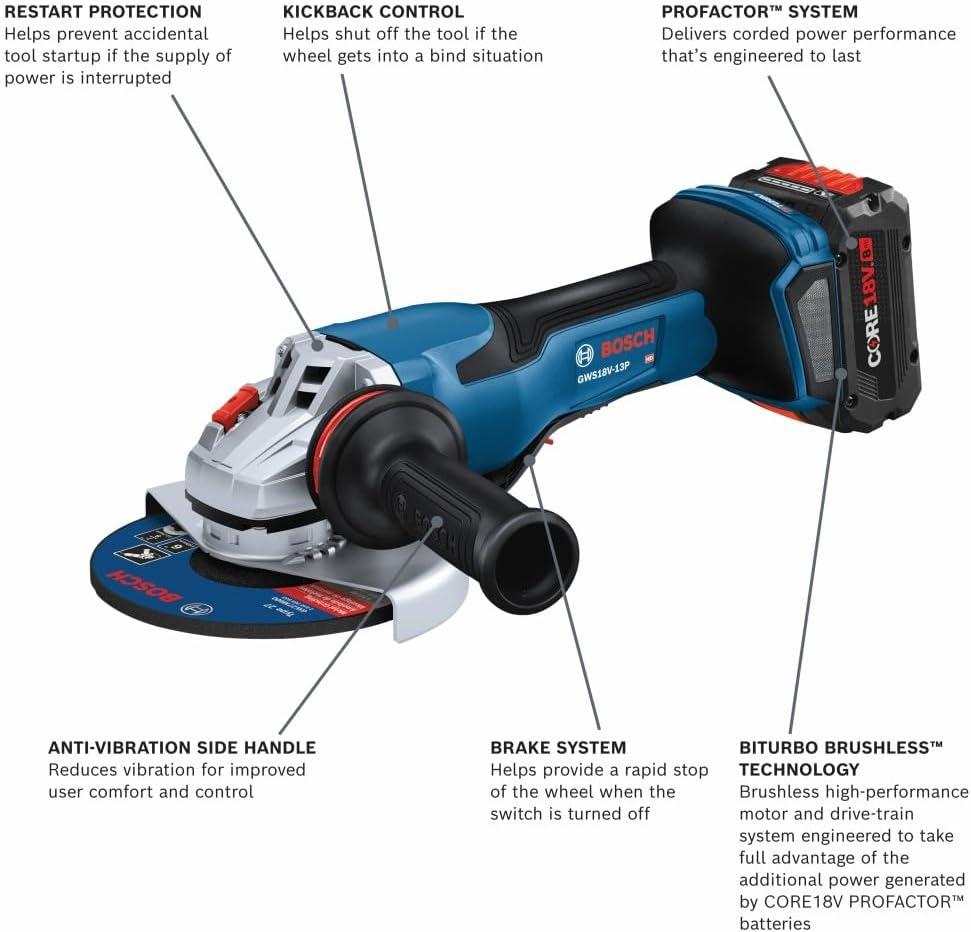 imageBosch GWS18V13PB14 PROFACTOR 18V 5 6 In Angle Grinder with No LockOn Paddle Switch with 1 CORE18V 8 Ah High Power Battery