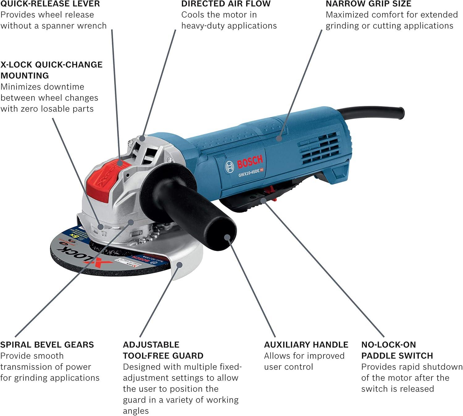 imageBosch GWX1045DE 412 In XLOCK Ergonomic Angle Grinder with No LockOn Paddle Switch412 In