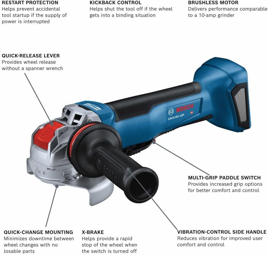 imageBosch GWX18V10PN 18V XLOCK Brushless 412 5 In Angle Grinder with No LockOn Paddle Switch Bare Tool