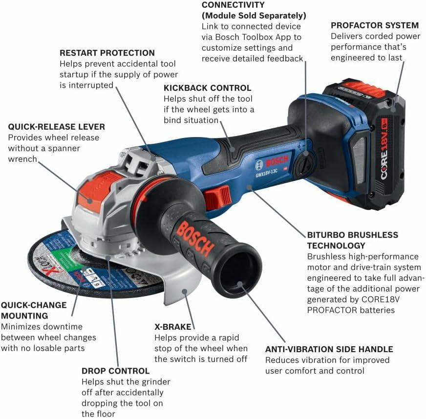 imageBosch GWX18V13CB14 PROFACTOR 18V XLOCK ConnectedReady 5 6 In Angle Grinder Kit with 1 CORE18V 8 Ah High Power Battery