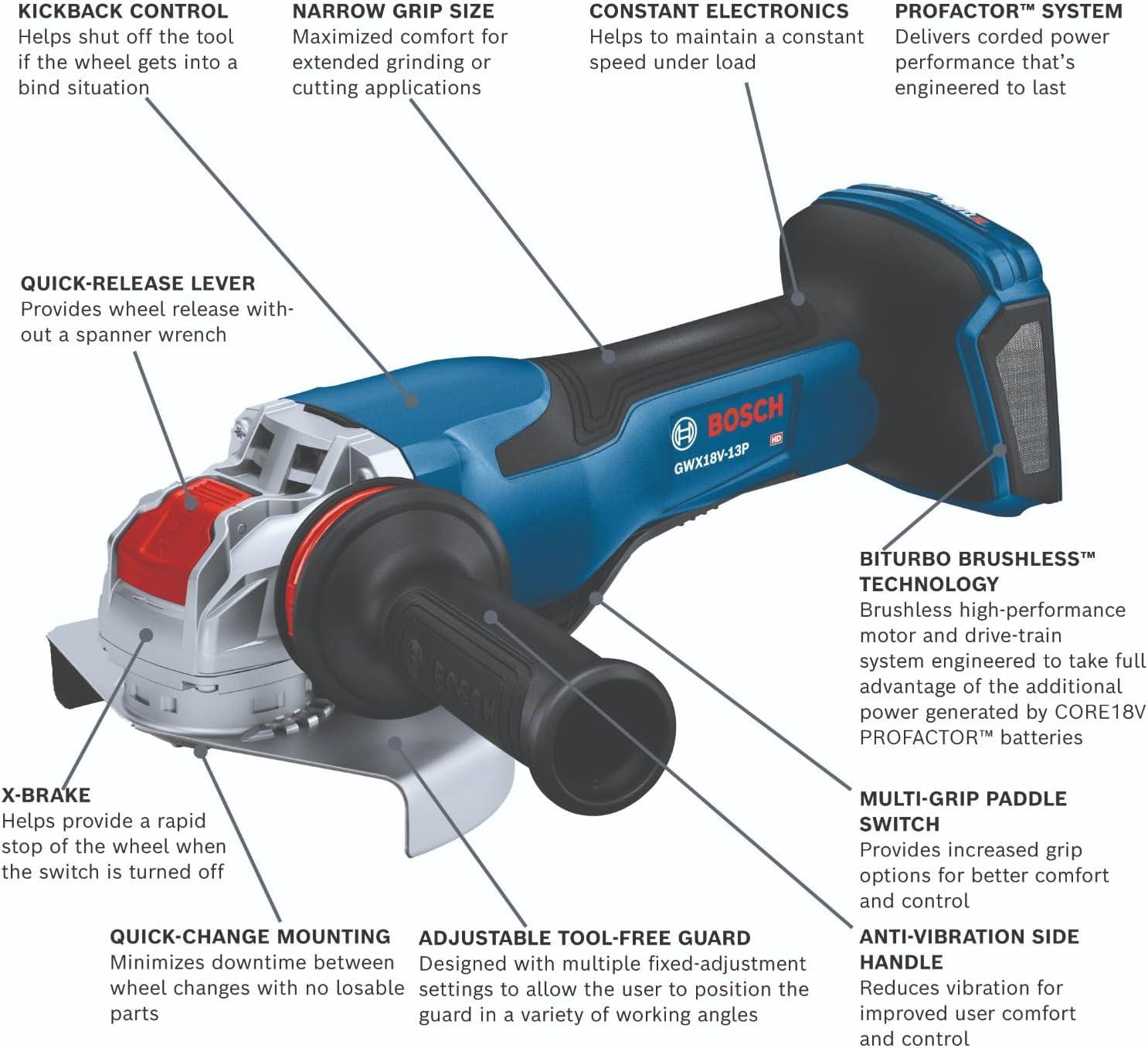 imageBosch GWX18V13PN PROFACTOR 18V XLOCK 5 6 In Angle Grinder with No LockOn Paddle Switch Bare Tool