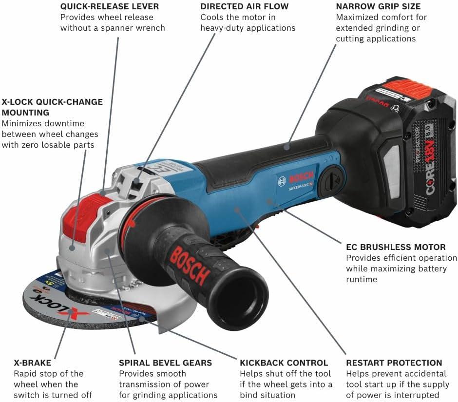 imageBosch GWX18V50PCB14 18V XLOCK Brushless ConnectedReady 412 In 5 In Angle Grinder with No LockOn Paddle Switch Kit and 1 CORE18V 8 Ah High Power Battery