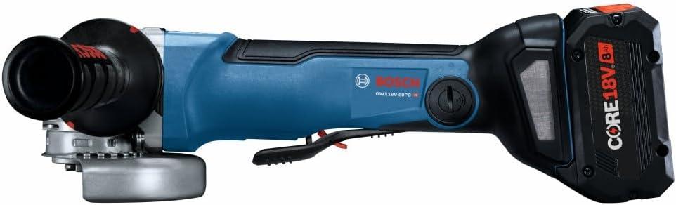 imageBosch GWX18V50PCB14 18V XLOCK Brushless ConnectedReady 412 In 5 In Angle Grinder with No LockOn Paddle Switch Kit and 1 CORE18V 8 Ah High Power Battery