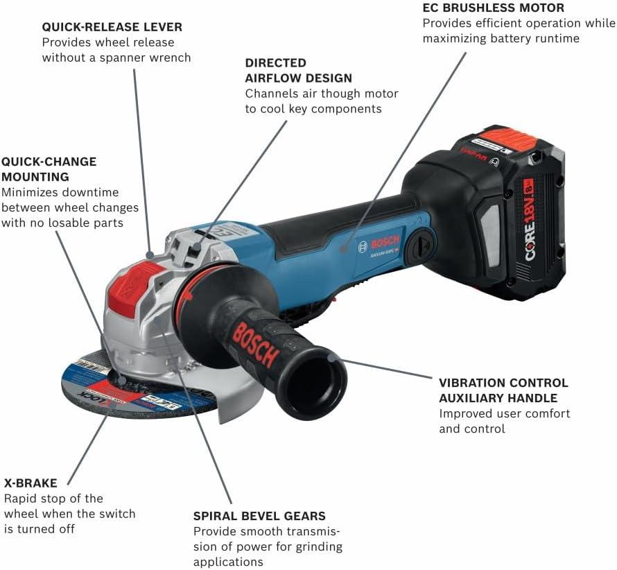 imageBosch GWX18V50PCB14 18V XLOCK Brushless ConnectedReady 412 In 5 In Angle Grinder with No LockOn Paddle Switch Kit and 1 CORE18V 8 Ah High Power Battery