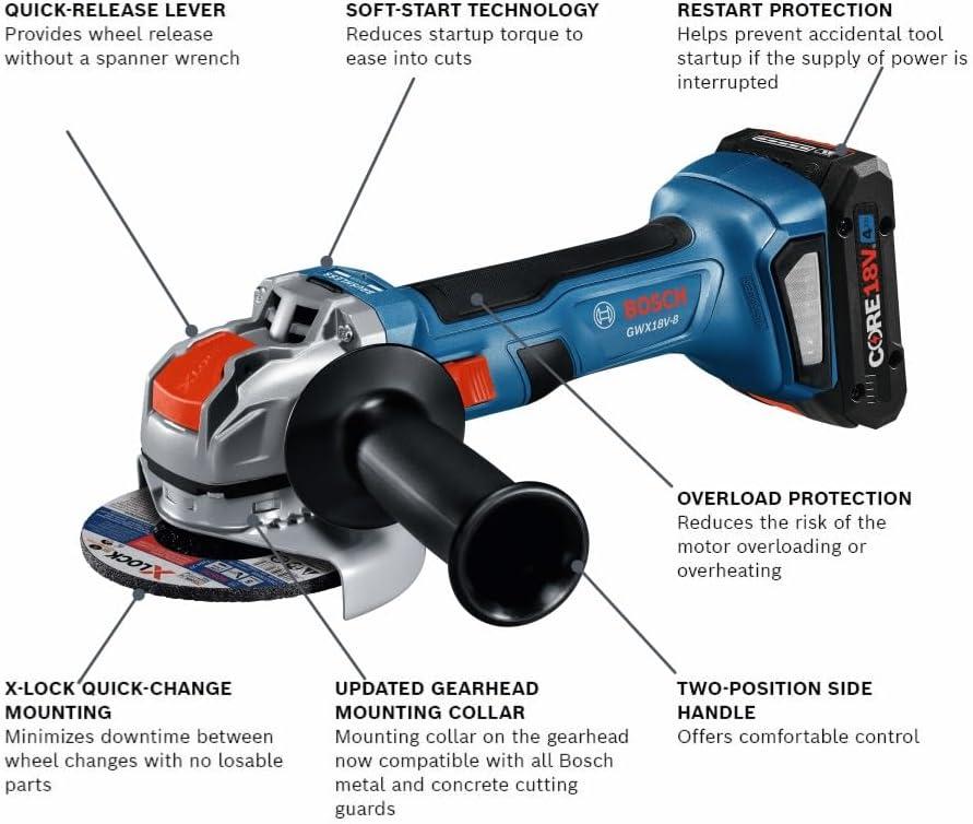 imageBosch GWX18V8B15 18V XLOCK Brushless 412 In Angle Grinder Kit with 1 CORE18V 4 Ah Advanced Power Battery Reconditioned