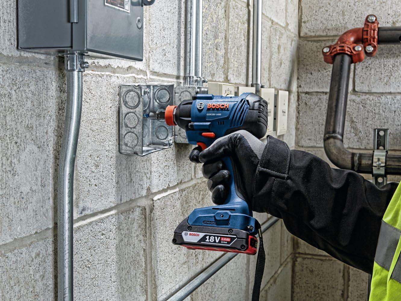imageBosch GXL18V496B22 18V 4Tool Combo Kit with Compact Tough 12 In DrillDriver TwoInOne 14 In and 12 In Impact DriverWrench Compact Recip Saw LED Light and 2 20 Ah SlimPack Batteries