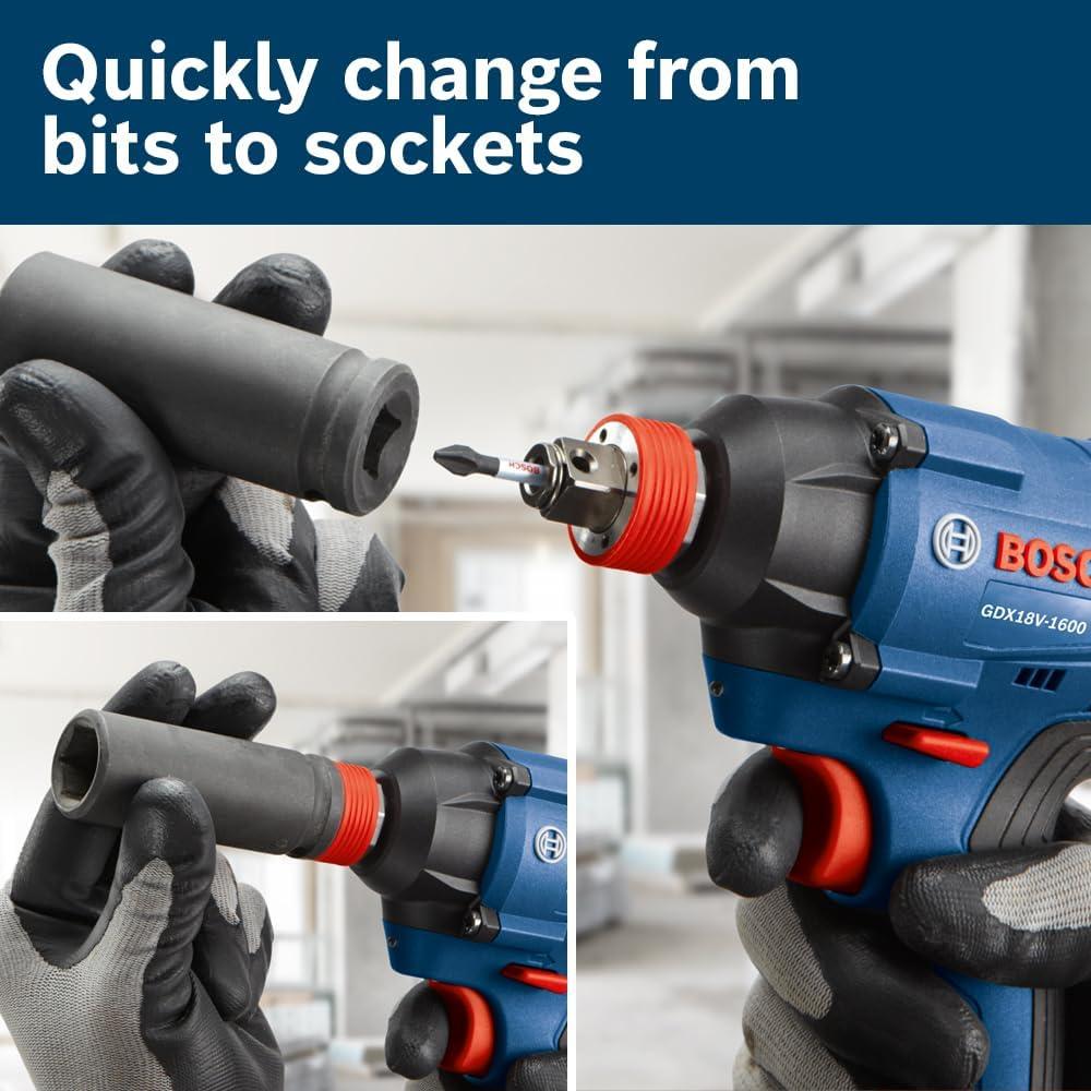 imageBosch GXL18V496B22 18V 4Tool Combo Kit with Compact Tough 12 In DrillDriver TwoInOne 14 In and 12 In Impact DriverWrench Compact Recip Saw LED Light and 2 20 Ah SlimPack Batteries