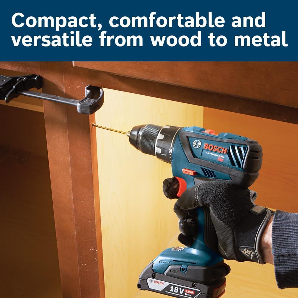 imageBosch GXL18V496B22 18V 4Tool Combo Kit with Compact Tough 12 In DrillDriver TwoInOne 14 In and 12 In Impact DriverWrench Compact Recip Saw LED Light and 2 20 Ah SlimPack Batteries