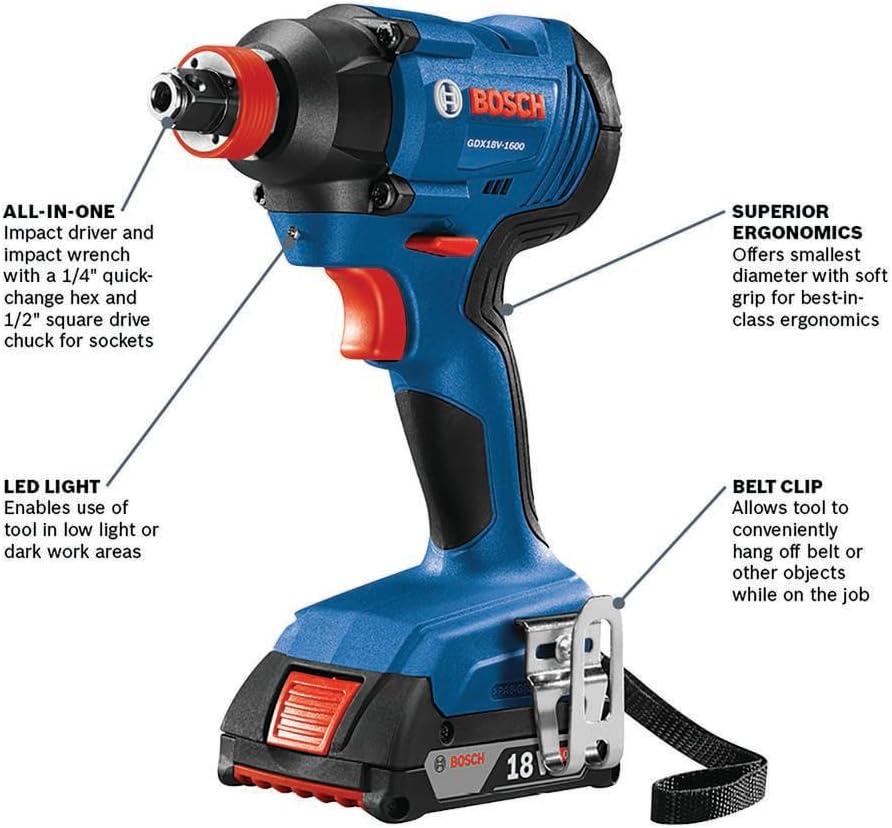 imageBosch GXL18V496B22 18V 4Tool Combo Kit with Compact Tough 12 In DrillDriver TwoInOne 14 In and 12 In Impact DriverWrench Compact Recip Saw LED Light and 2 20 Ah SlimPack Batteries