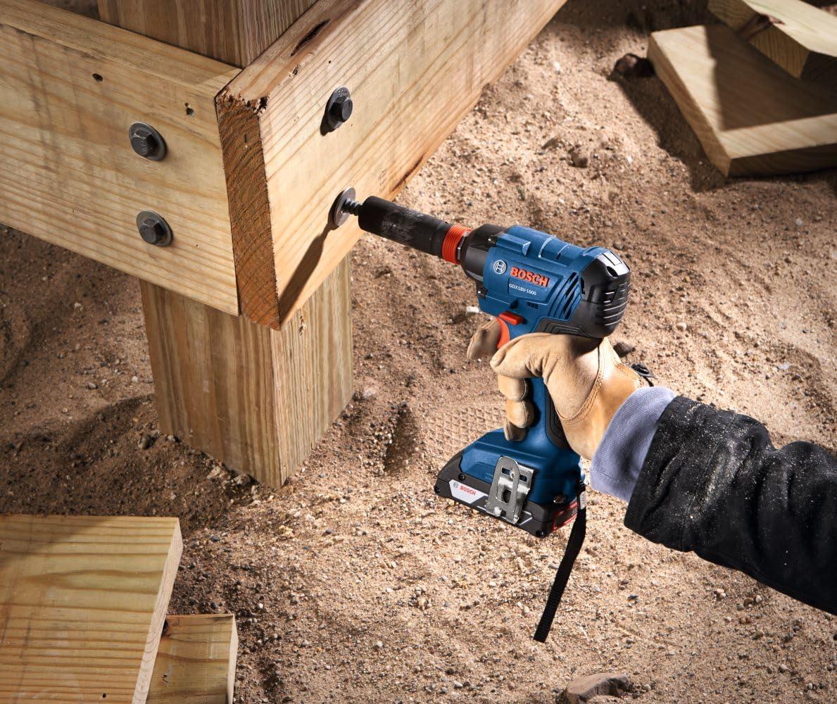 imageBosch GXL18V496B22 18V 4Tool Combo Kit with Compact Tough 12 In DrillDriver TwoInOne 14 In and 12 In Impact DriverWrench Compact Recip Saw LED Light and 2 20 Ah SlimPack Batteries