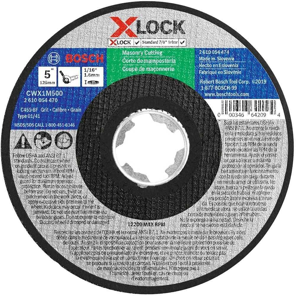 imageBOSCH CWX1M500 5 in x 116 in XLock Masonry Cutting Abrasive Wheel 24 Grit Compatible with 78 in Arbor Type 1A ISO 41 for Applications in Masonry CuttingType 1A Masonry