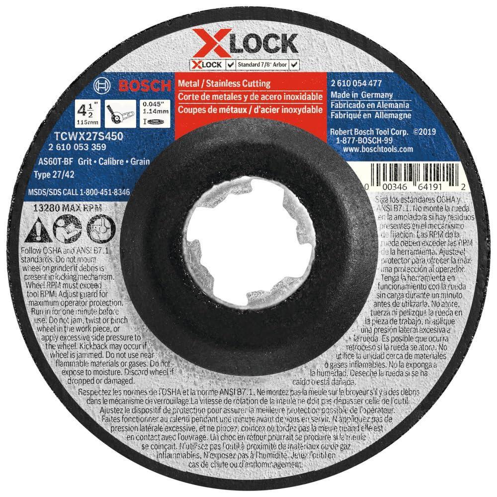 imageBOSCH CWX27M450 412 In x 098 In XLOCK Metal Cutting Abrasive Wheel 30 Grit Compatible with 78 In Arbor Type 27A ISO 42 for Applications in Metal CuttingType 27A MetalStainless