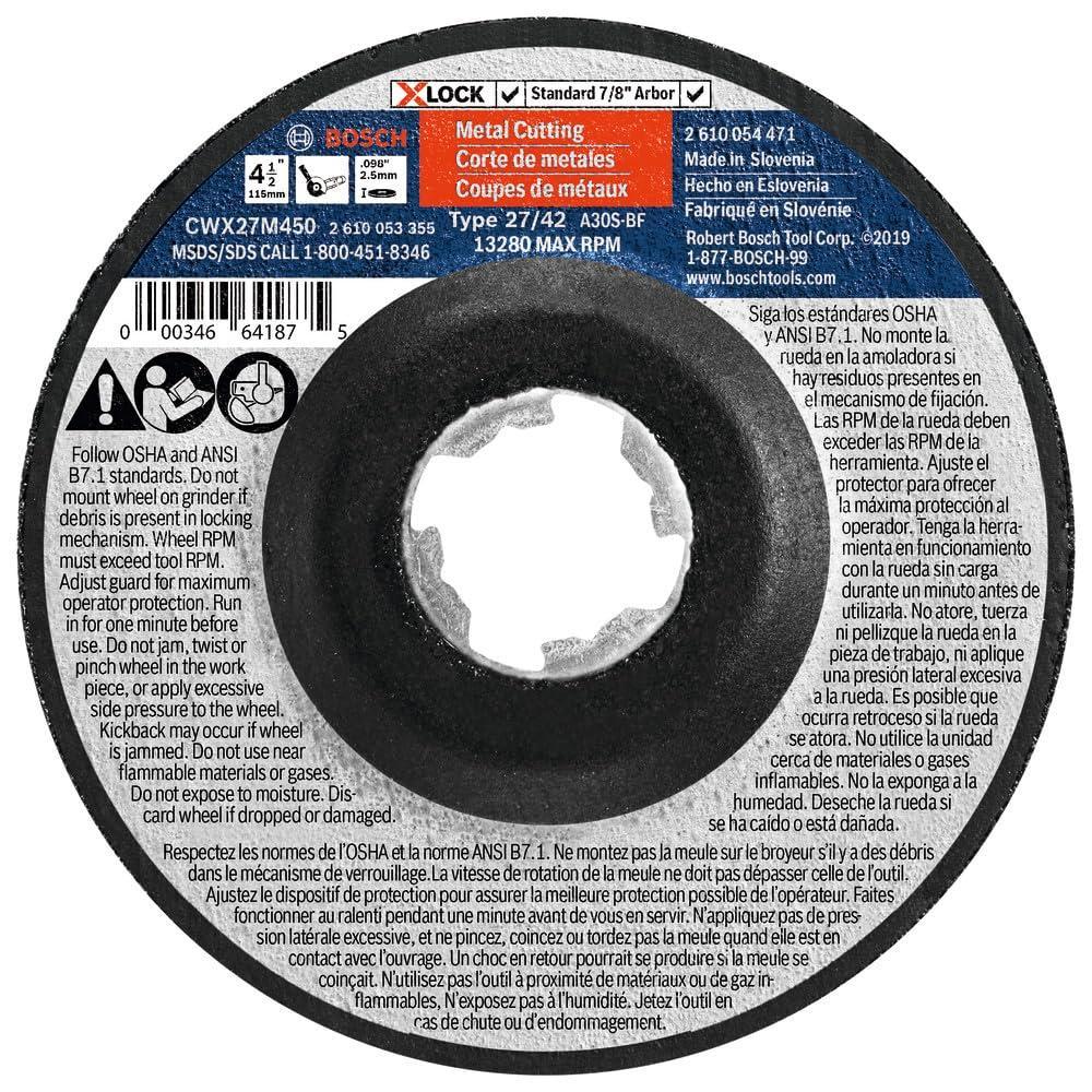 imageBOSCH CWX27M450 412 In x 098 In XLOCK Metal Cutting Abrasive Wheel 30 Grit Compatible with 78 In Arbor Type 27A ISO 42 for Applications in Metal CuttingType 27A Metal
