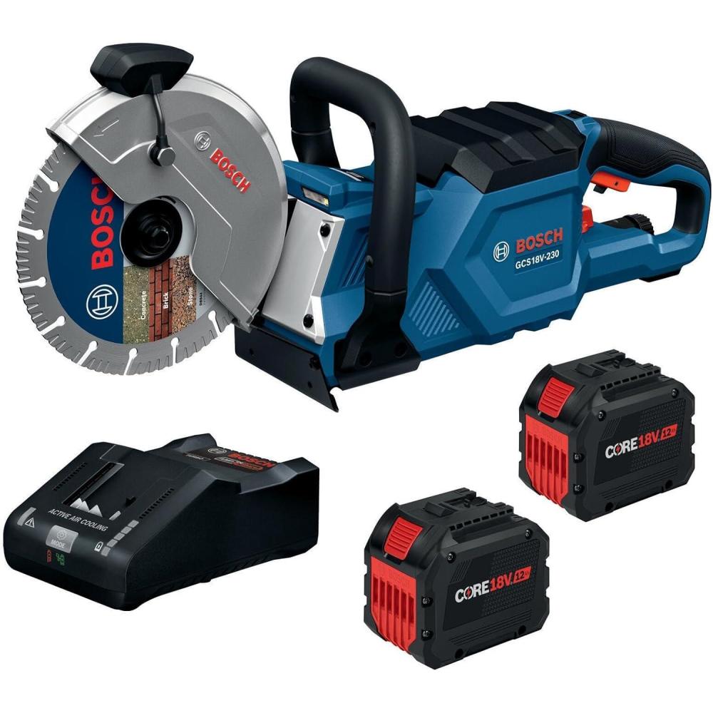 imageBOSCH GCS18V230N 18V Brushless Cordless 9Inch Cutoff Saw for Concrete amp Metal Cutting Lightweight Ergonomic Design 6Position Cutting Guard Water ShutOff Valve Easy Wheel Change Bare ToolTool 2 12 Ah Batteries Charger