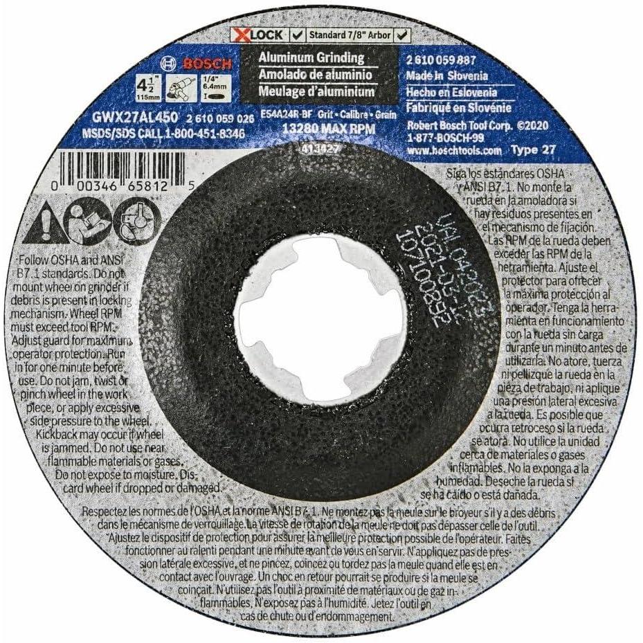imageBOSCH GWX27LM450 412 In x 14 In XLOCK Metal Grinding Abrasive Wheel 30 Grit Compatible with 78 In Arbor Type 27 for Applications in Metal GrindingAluminum Grinding