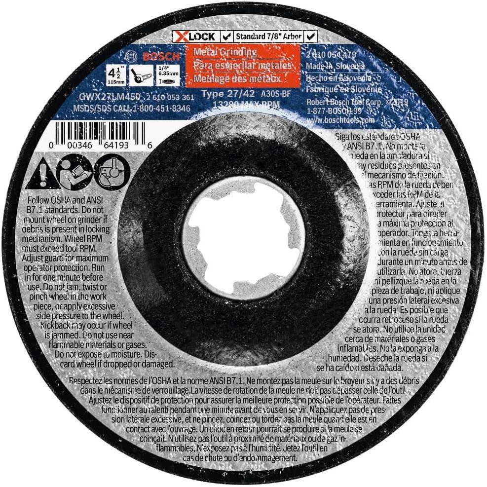 imageBOSCH GWX27LM450 412 In x 14 In XLOCK Metal Grinding Abrasive Wheel 30 Grit Compatible with 78 In Arbor Type 27 for Applications in Metal GrindingMetal Grinding