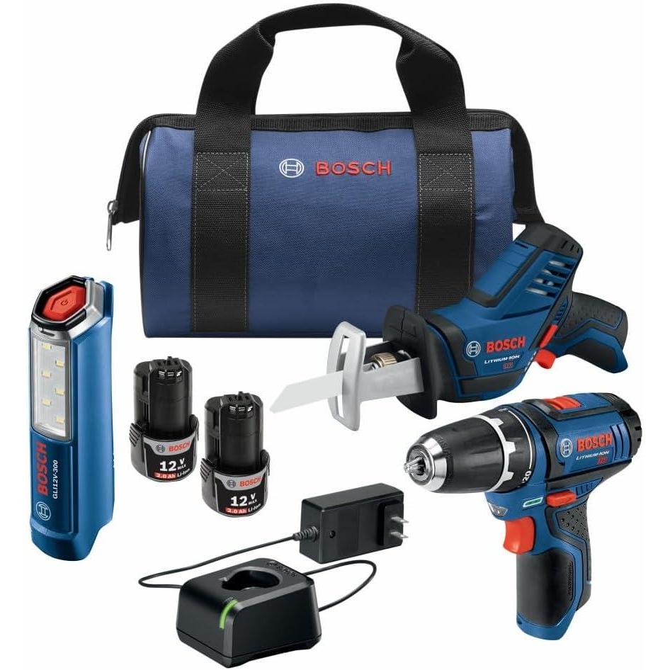 imageBOSCH GXL12V310B22 12V Max 3 Tool Power Tool Combo Kit Compact Cordless Drill Driver Pocket Reciprocating Saw and LED Worklight Set Includes 2 Batteries Charger amp BagIndustrial