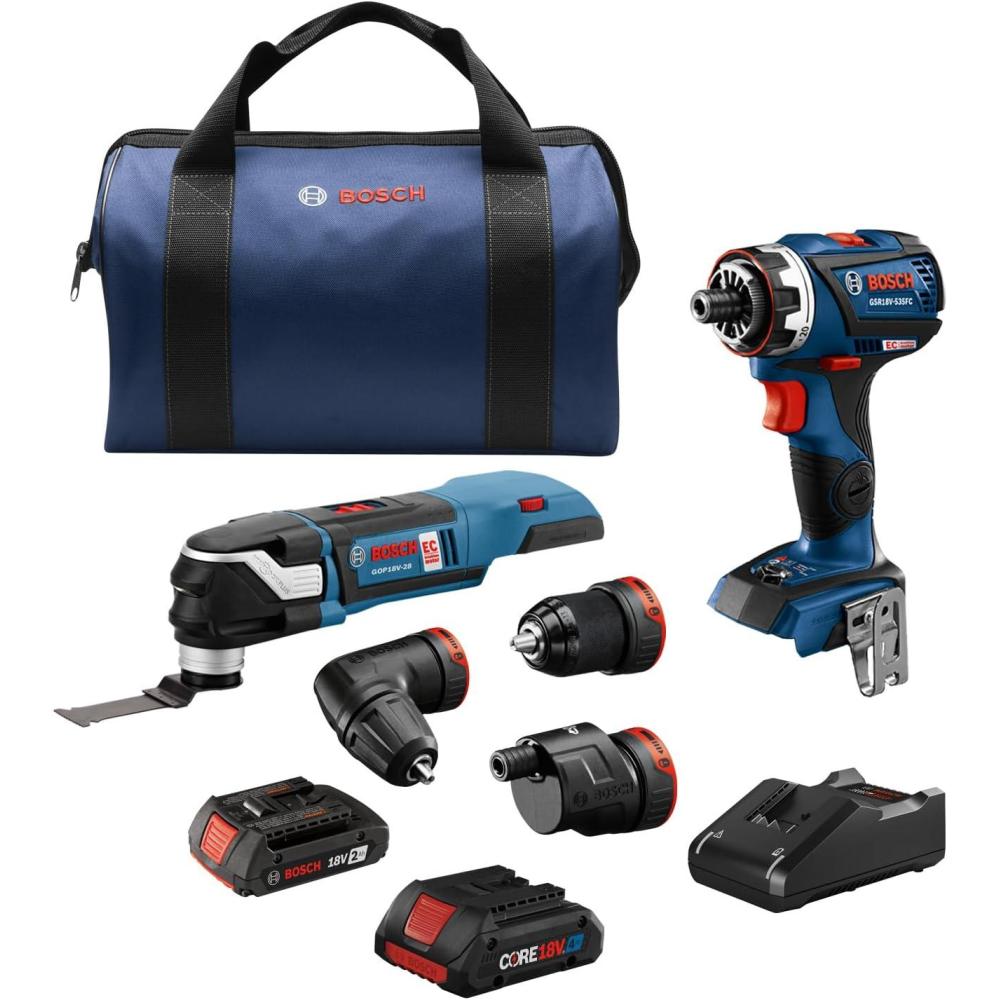 imageBOSCH GXL18V270B22 18V Brushless 2 Tool Combo Kit with 5in1 Flexiclick Cordless Drill Driver and StarlockPlus Oscillating Multi Tool Tool Set Includes CORE18V Battery Charger amp Attachments