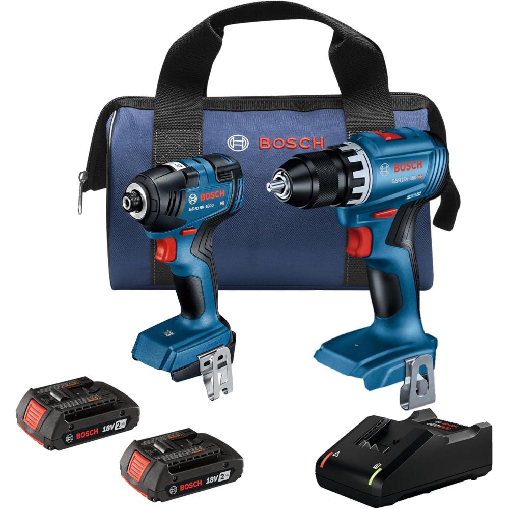 imageBOSCH GXL18V27B22 Power Tool Combo Kit  18V Brushless Compact 12 In Cordless Drill Driver and 14 In Hex Impact Driver Includes Two 20Ah Batteries 18V Charger and Carrying Tool Bag