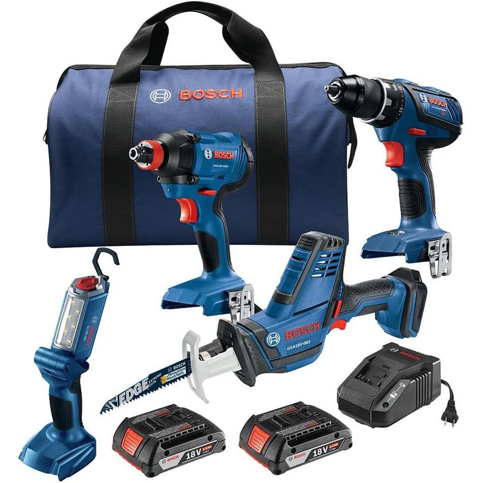 imageBosch GXL18V496B22 18V 4Tool Combo Kit with Compact Tough 12 In DrillDriver TwoInOne 14 In and 12 In Impact DriverWrench Compact Recip Saw LED Light and 2 20 Ah SlimPack Batteries
