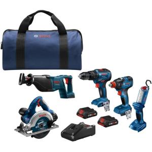 BOSCH GXL18V-501B25 18V 5-Tool Combo Kit with 2-In-1 Bit/Socket Impact Driver/Wrench, 1/2 In. Hammer Drill/Driver, Reciprocating Saw, Circular Saw, LED Worklight and (2) CORE18V 4 Ah Compact Batteries(5-Tool Combo Kit)