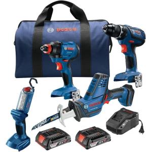 Bosch GXL18V-496B22 18V 4-Tool Combo Kit with Compact Tough 1/2 In. Drill/Driver, Two-In-One 1/4 In. and 1/2 In. Impact Driver/Wrench, Compact Recip Saw, LED Light and (2) 2.0 Ah SlimPack Batteries