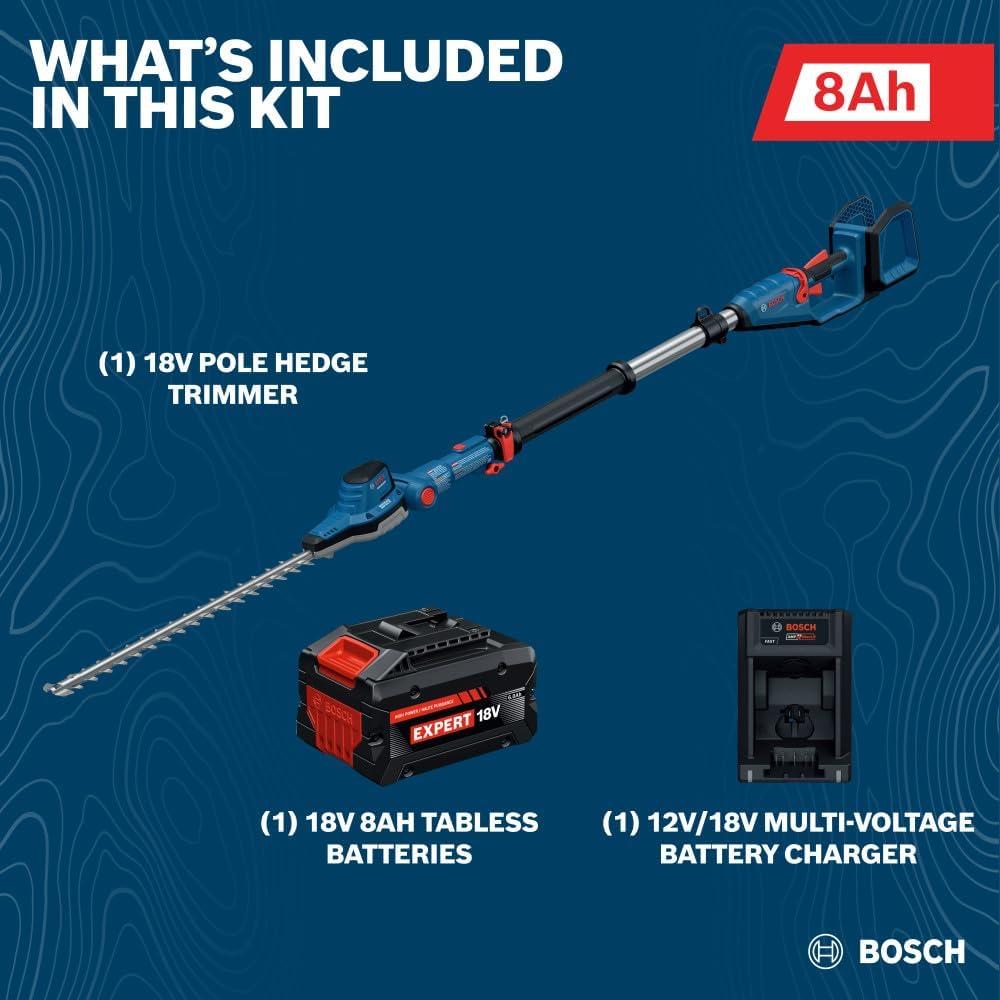imageBOSCH GHE18V50TPN18X 18V 20 in Pole Hedge Trimmer with 82 Ft Telescopic Pole and Pivoting Head is a Cordless Trimmer Battery and Charger Included KitKit With 8Ah Battery Charger