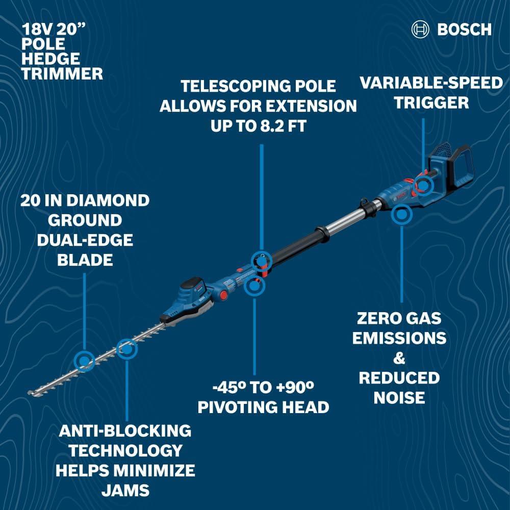 imageBOSCH GHE18V50TPN18X 18V 20 in Pole Hedge Trimmer with 82 Ft Telescopic Pole and Pivoting Head is a Cordless Trimmer Battery and Charger Included KitKit With 8Ah Battery Charger