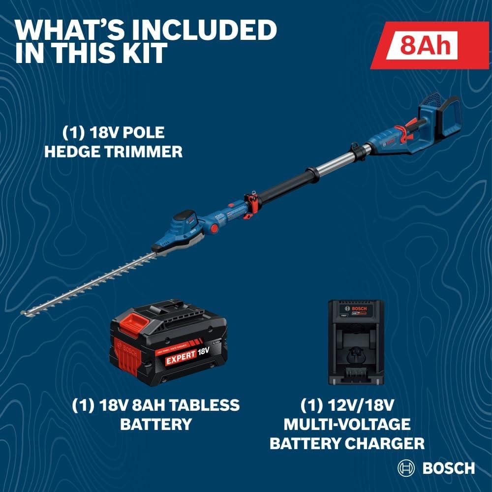 imageBOSCH GHE18V50TPN18X 18V 20 in Pole Hedge Trimmer with 82 Ft Telescopic Pole and Pivoting Head is a Cordless Trimmer Battery and Charger Included KitKit With 8Ah Battery Charger