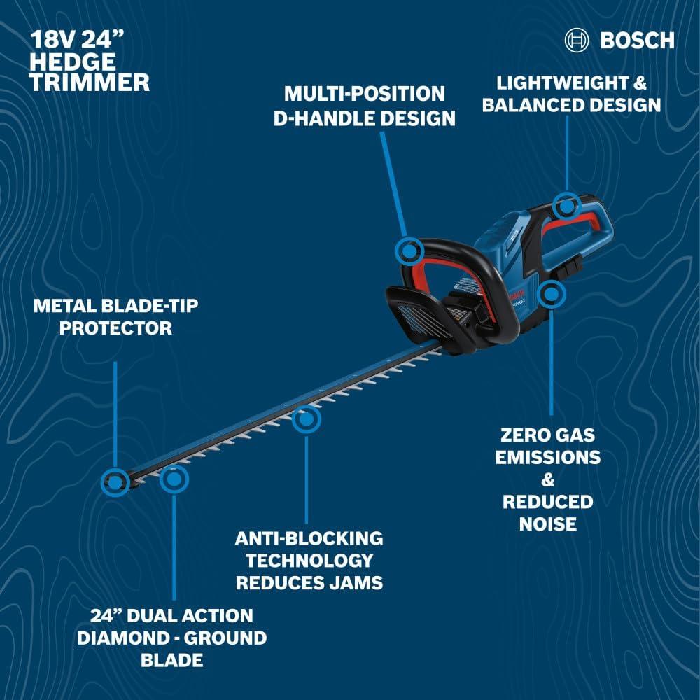 imageBOSCH GHE18V602N 18V Cordless Hedge Trimmer 24Inch Blade with AntiBlocking Technology with Lightweight Design Bare ToolKit With 8Ah Battery Charger