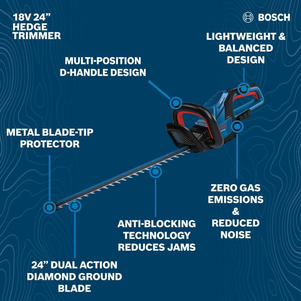 imageBOSCH GHE18V602N 18V Cordless Hedge Trimmer 24Inch Blade with AntiBlocking Technology with Lightweight Design Bare ToolKit With 8Ah Battery Charger