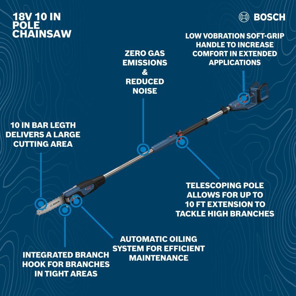 imageBOSCH GKE18V25TPN18X 18V 10Inch Pole Chainsaw Kit with 10 Ft Telescoping Reach amp Brushless Motor Includes 80Ah Battery amp Fast ChargerKit With 8Ah Battery Charger