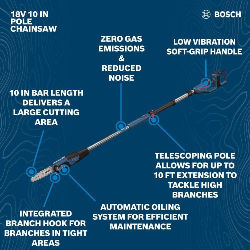 imageBOSCH GKE18V25TPN18X 18V 10Inch Pole Chainsaw Kit with 10 Ft Telescoping Reach amp Brushless Motor Includes 80Ah Battery amp Fast ChargerKit With 8Ah Battery Charger