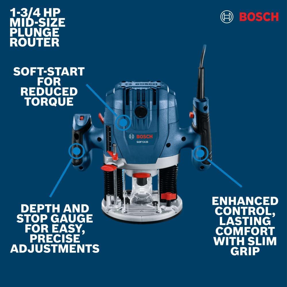 imageBOSCH GOF1325 134 HP MidSize Plunge Router 11000 to 28000 RPM Ergonomic Design With Detachable Parallel Guide