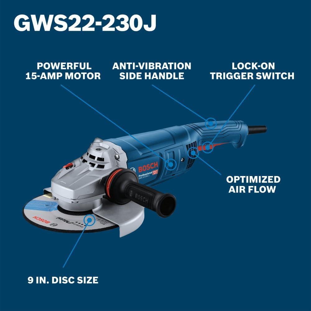 imageBOSCH GWS22230J 9 Angle Grinder 15Amp Motor 6500 RPM for HeavyDuty Grinding AntiVibration Handle Large Angle Grinder for Metalworking Inc Cutting Guard Grinding Guard and Handle